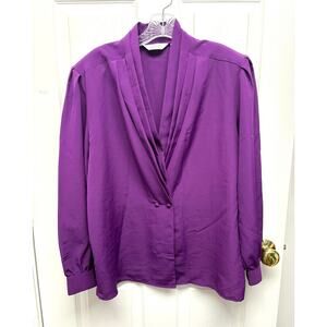Vintage Sellecca Blouse Purple Padded Shoulders Puff Sleeves V-Neck Size 14